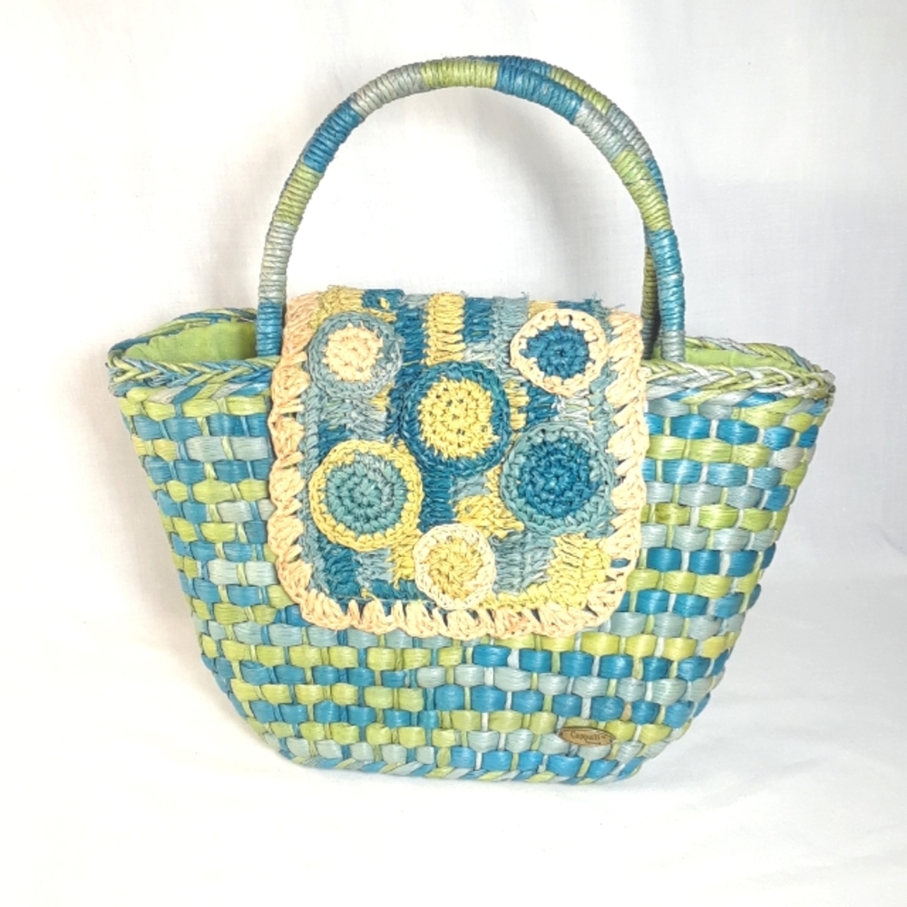 Vintage Cappeli blue green woven handbag rosettes